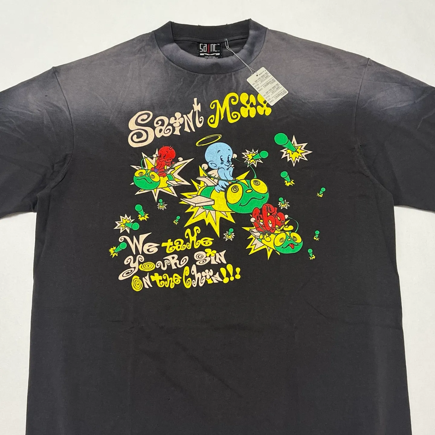 SAINT Mxxxxxx SS TEE/SAINT MX6/BLK Little devil bee distressed TEE, washed black S-XL OE yarn tube fabric, no side seams, Assute garment dyeing, heavy washing, water fading, old hole treatment, correct version, original consistent main mark/wash mark/cherub mark, original consistent printing restoration, distressed treatment, top purchasing agent level